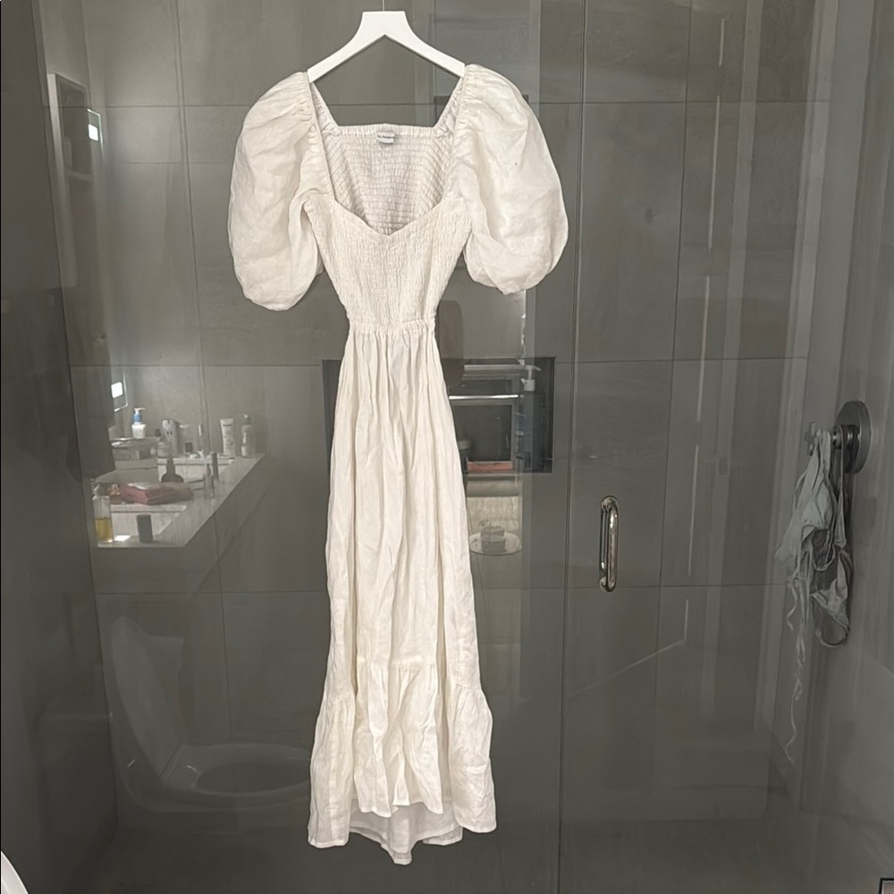 Faithfull the Brand White Puff-Sleeve Smocked Maxi Dress